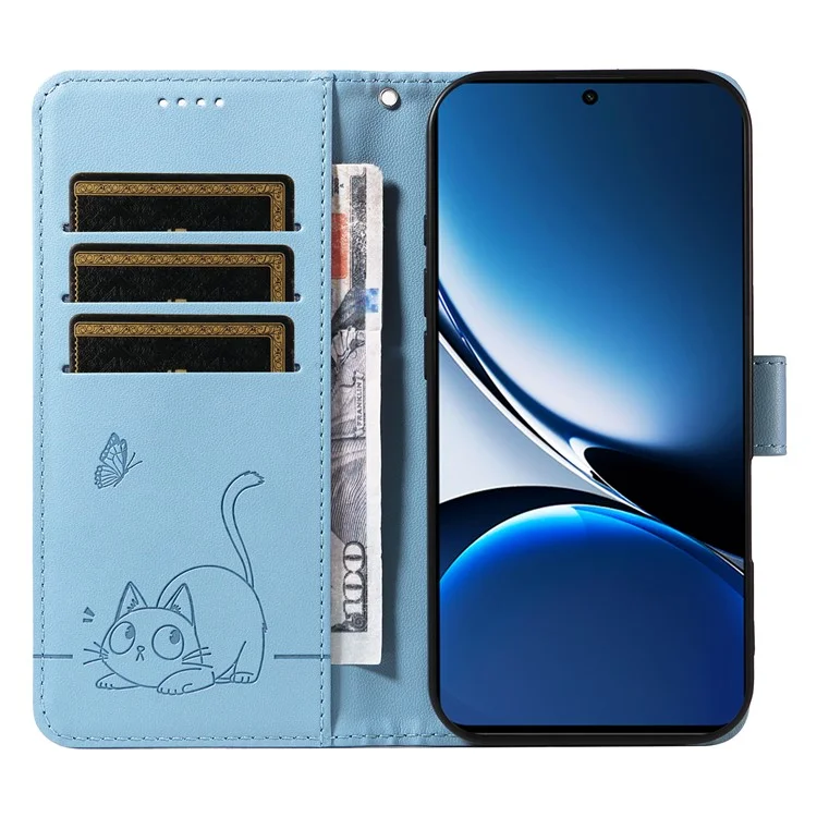 Wallet Case for Xiaomi Poco X7 Pro 5G  /  Redmi Turbo 4 5G Cat Pattern Imprint Leather Phone Cover with Wrist Strap - Sky Blue