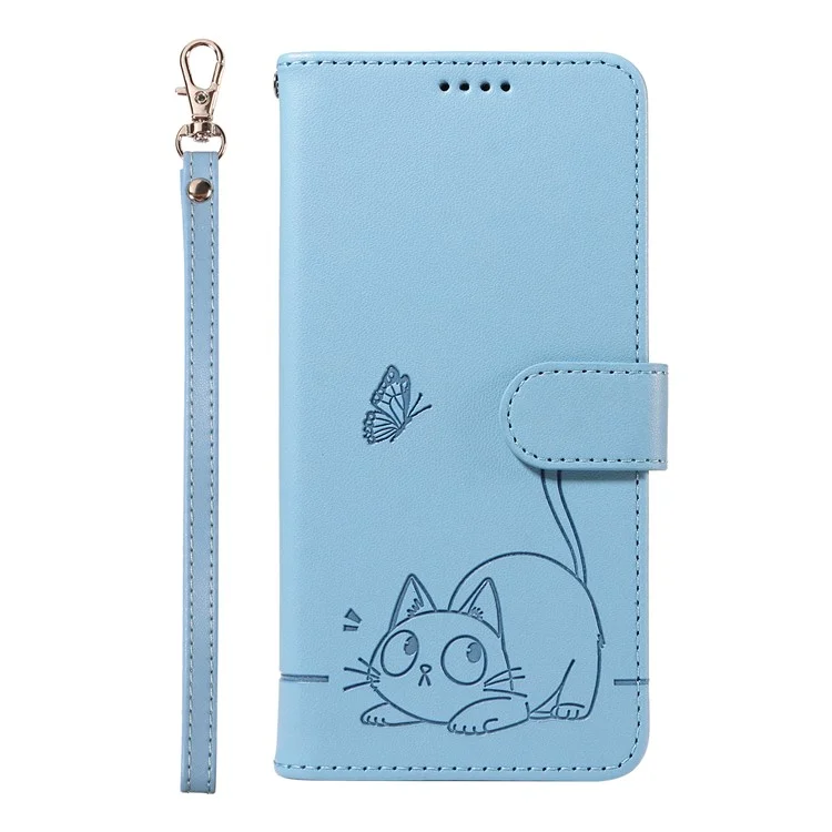 Wallet Case for Xiaomi Poco X7 Pro 5G  /  Redmi Turbo 4 5G Cat Pattern Imprint Leather Phone Cover with Wrist Strap - Sky Blue