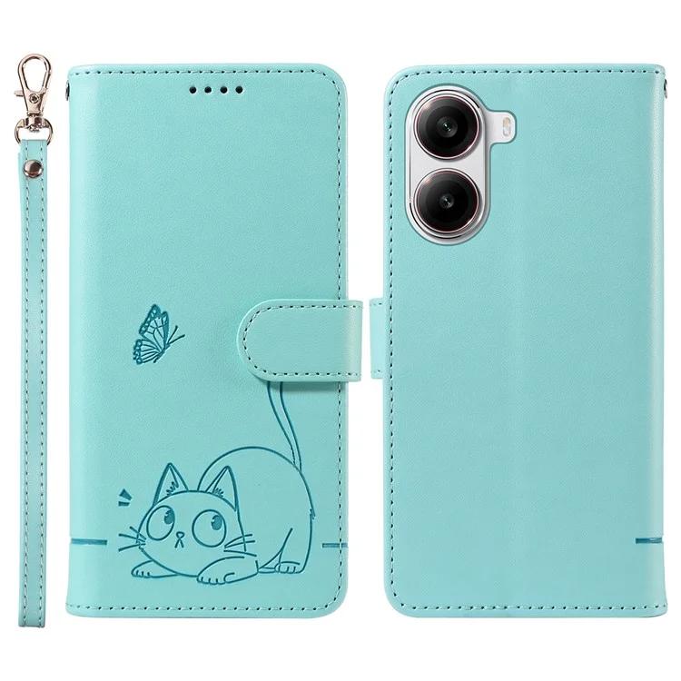 Wallet Case for Xiaomi Poco X7 Pro 5G  /  Redmi Turbo 4 5G Cat Pattern Imprint Leather Phone Cover with Wrist Strap - Green
