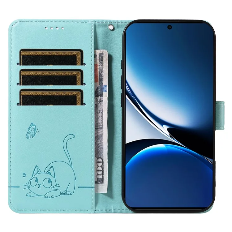 Wallet Case for Xiaomi Poco X7 Pro 5G  /  Redmi Turbo 4 5G Cat Pattern Imprint Leather Phone Cover with Wrist Strap - Green