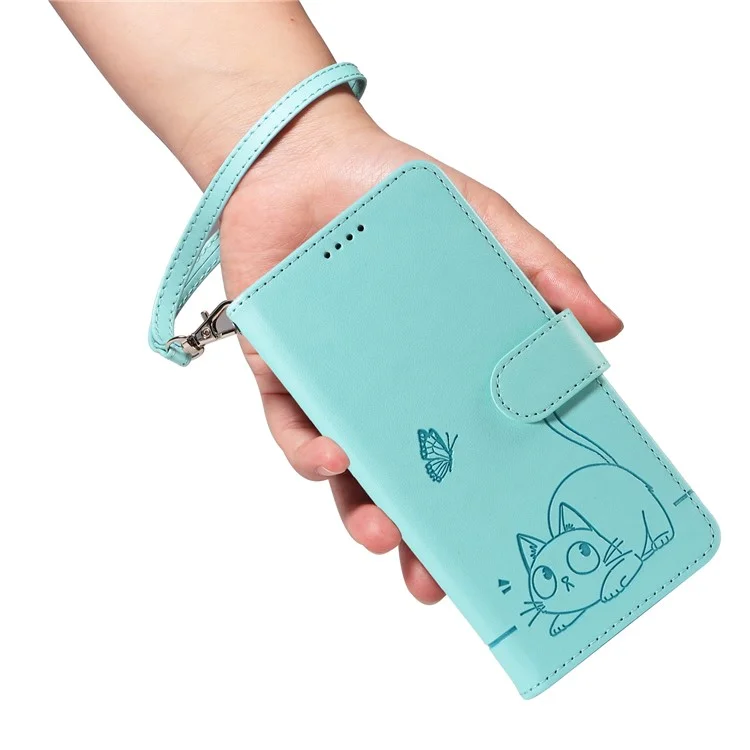 Wallet Case for Xiaomi Poco X7 Pro 5G  /  Redmi Turbo 4 5G Cat Pattern Imprint Leather Phone Cover with Wrist Strap - Green