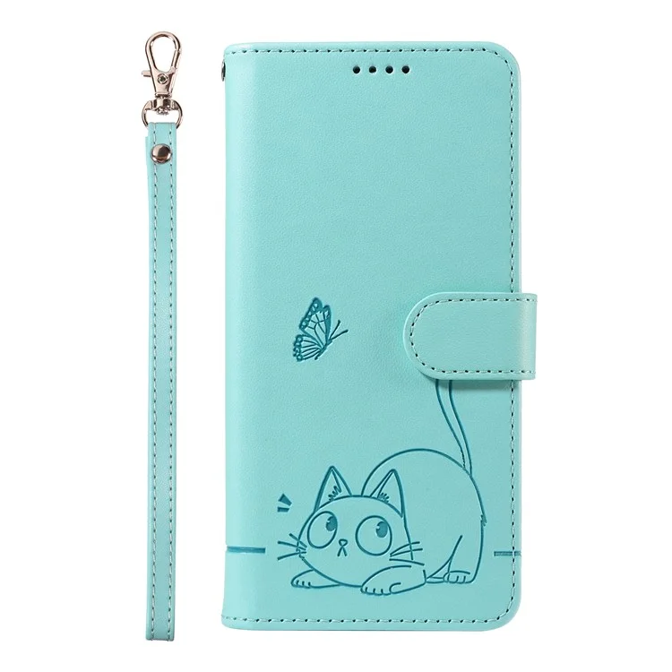 Wallet Case for Xiaomi Poco X7 Pro 5G  /  Redmi Turbo 4 5G Cat Pattern Imprint Leather Phone Cover with Wrist Strap - Green