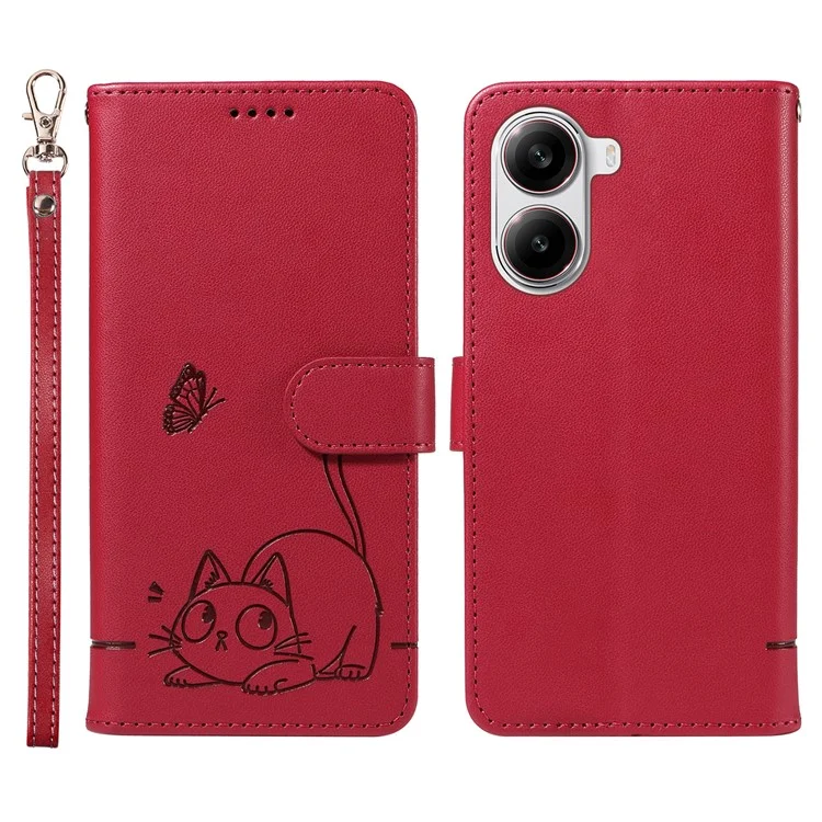 Wallet Case for Xiaomi Poco X7 Pro 5G  /  Redmi Turbo 4 5G Cat Pattern Imprint Leather Phone Cover with Wrist Strap - Red