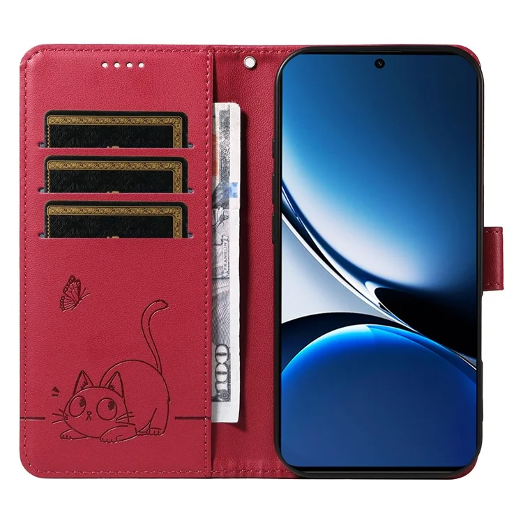 Wallet Case for Xiaomi Poco X7 Pro 5G  /  Redmi Turbo 4 5G Cat Pattern Imprint Leather Phone Cover with Wrist Strap - Red