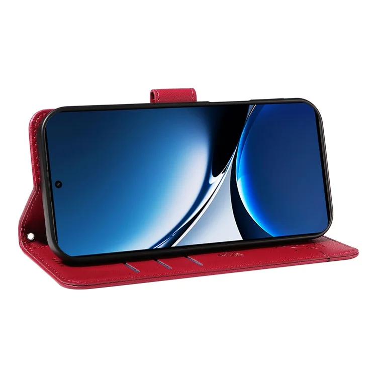 Wallet Case for Xiaomi Poco X7 Pro 5G  /  Redmi Turbo 4 5G Cat Pattern Imprint Leather Phone Cover with Wrist Strap - Red