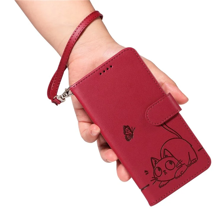Wallet Case for Xiaomi Poco X7 Pro 5G  /  Redmi Turbo 4 5G Cat Pattern Imprint Leather Phone Cover with Wrist Strap - Red