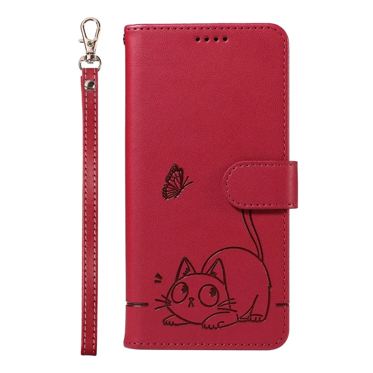 Wallet Case for Xiaomi Poco X7 Pro 5G  /  Redmi Turbo 4 5G Cat Pattern Imprint Leather Phone Cover with Wrist Strap - Red