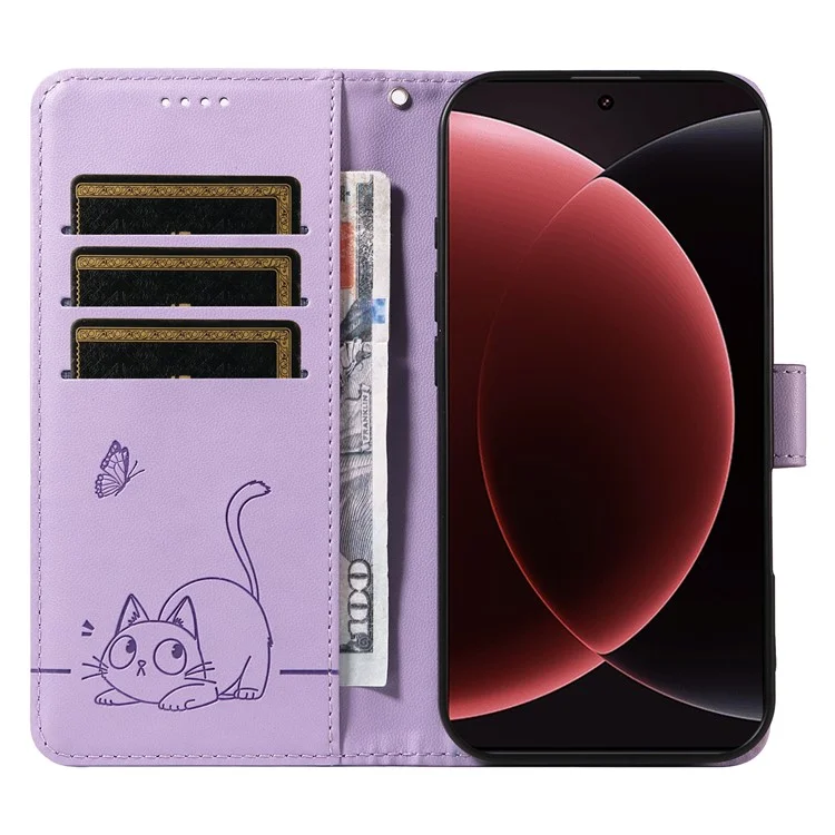 Чехол-кошелек для Xiaomi 15 Ultra с ремешком на запястье и рисунком кота - Светло-сиреневый
