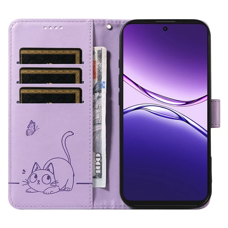 Чехол-кошелек для Oppo A5 Pro 5G с ремешком на запястье и рисунком кота - Светло-сиреневый