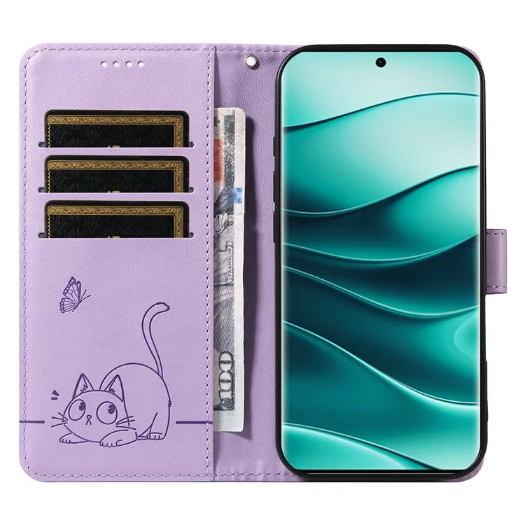Étui portefeuille pour Xiaomi Redmi Note 14 Pro 5G / 14 Pro+ 5G / Poco X7 5G avec motif de chat en cuir et dragonne - Violet clair