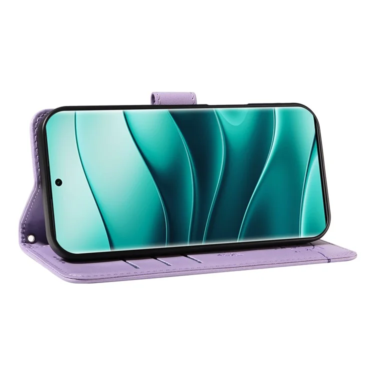 Étui portefeuille pour Xiaomi Redmi Note 14 Pro 5G / 14 Pro+ 5G / Poco X7 5G avec motif de chat en cuir et dragonne - Violet clair