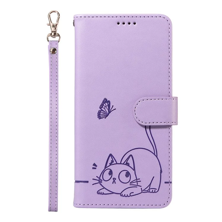 Étui portefeuille pour Xiaomi Redmi Note 14 Pro 5G / 14 Pro+ 5G / Poco X7 5G avec motif de chat en cuir et dragonne - Violet clair