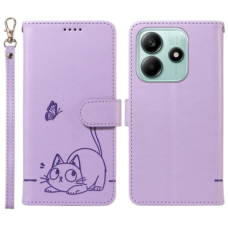 Wallet Case for Xiaomi Redmi Note 14 5G / Poco M7 Pro 5G Cat Pattern Imprint Leather Phone Cover with Wrist Strap - Light Purple