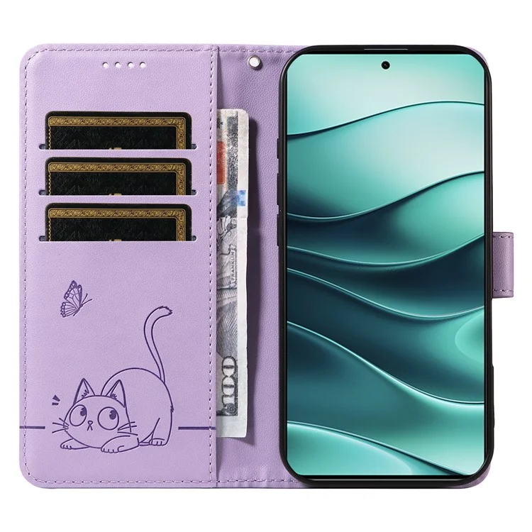 Wallet Case for Xiaomi Redmi Note 14 5G / Poco M7 Pro 5G Cat Pattern Imprint Leather Phone Cover with Wrist Strap - Light Purple