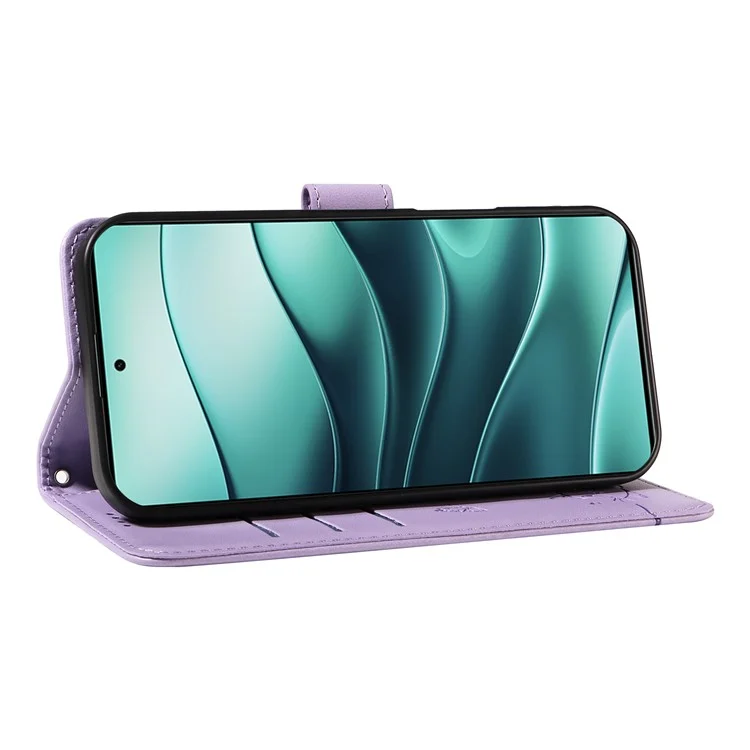 Wallet Case for Xiaomi Redmi Note 14 5G / Poco M7 Pro 5G Cat Pattern Imprint Leather Phone Cover with Wrist Strap - Light Purple
