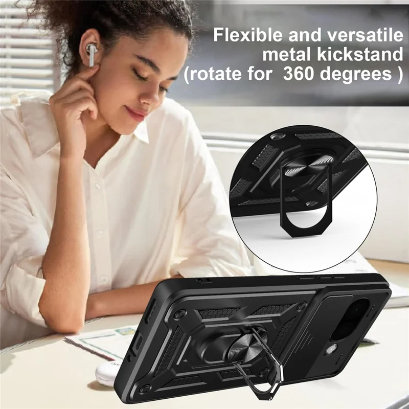 For Google Pixel 9a Case with Slide Camera Lid PC + TPU Kickstand Phone Cover - Black