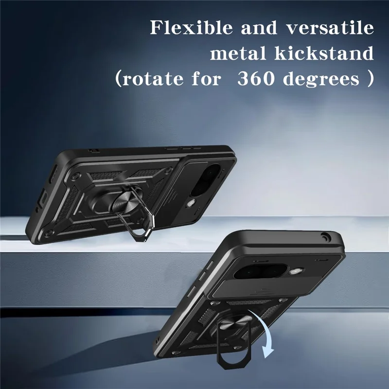 For Google Pixel 9a Case with Slide Camera Lid PC + TPU Kickstand Phone Cover - Black