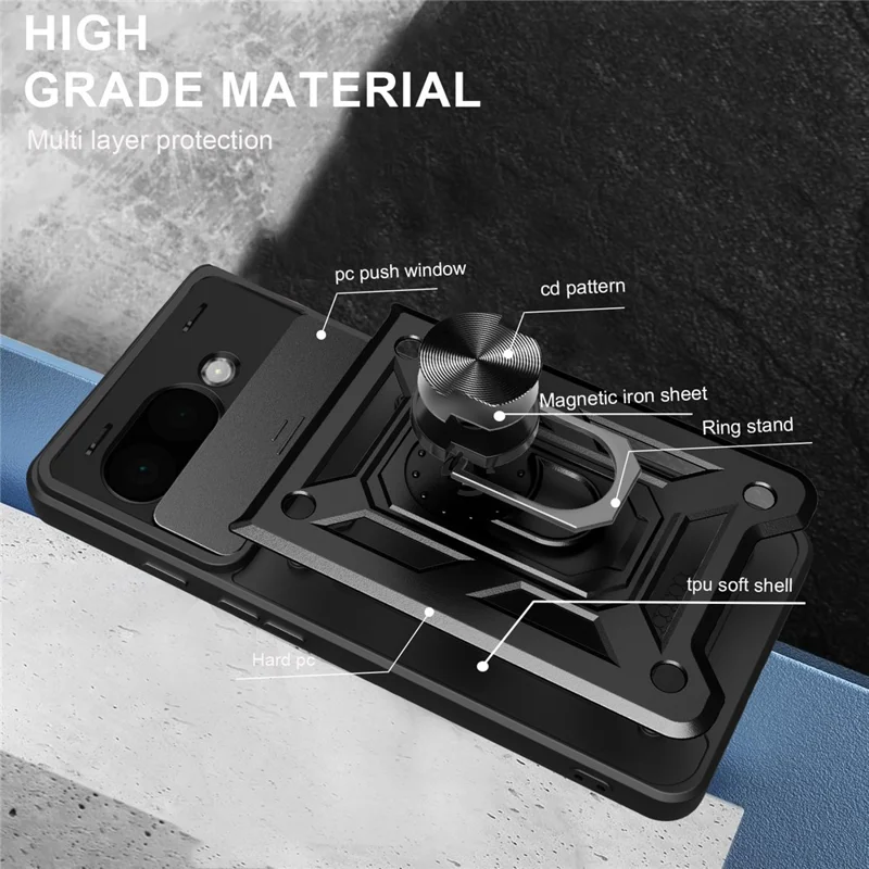 For Google Pixel 9a Case with Slide Camera Lid PC + TPU Kickstand Phone Cover - Black