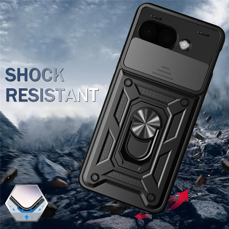 For Google Pixel 9a Case with Slide Camera Lid PC + TPU Kickstand Phone Cover - Black
