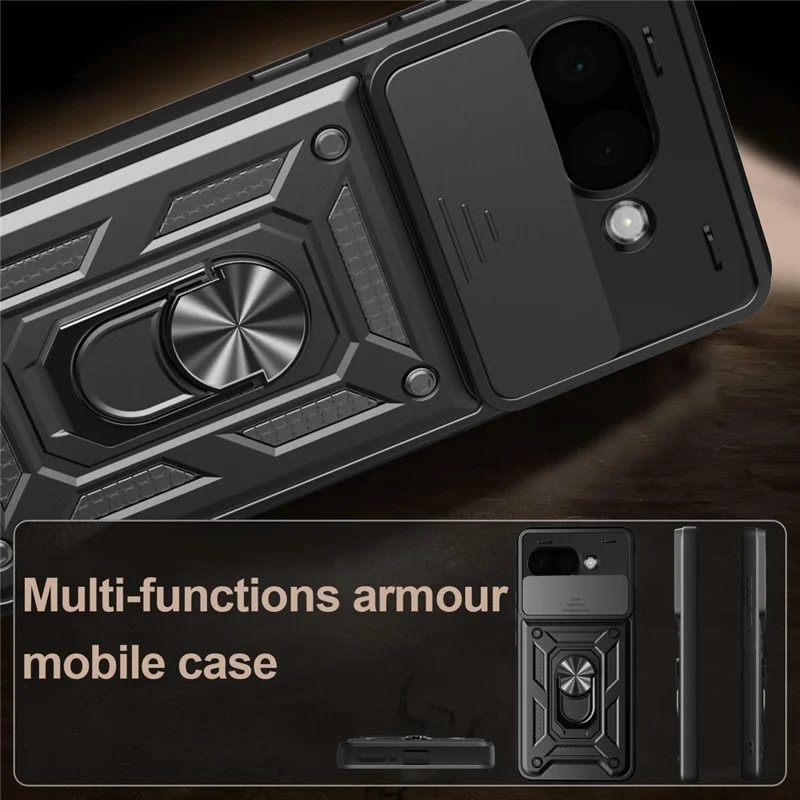 For Google Pixel 9a Case with Slide Camera Lid PC + TPU Kickstand Phone Cover - Black