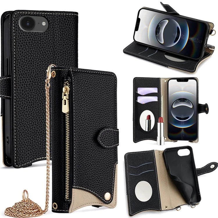 For iPhone 16e Wallet Case Fishtail Design Leather Phone Cover with Mirror / Stand / Strap - Black