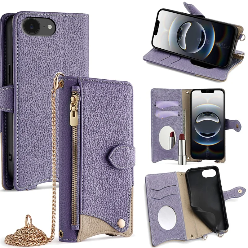 For iPhone 17e / 16e Wallet Case Fishtail Design Leather Phone Cover with Mirror / Stand / Strap - Purple