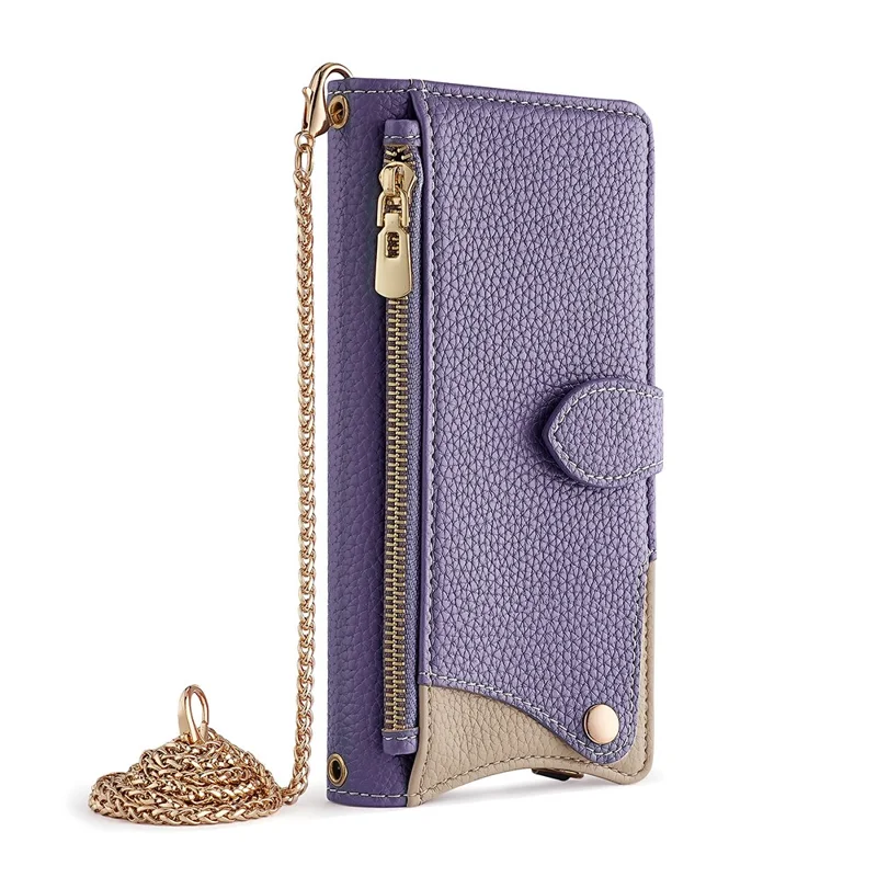 For iPhone 17e / 16e Wallet Case Fishtail Design Leather Phone Cover with Mirror / Stand / Strap - Purple