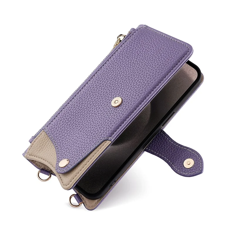 For iPhone 17e / 16e Wallet Case Fishtail Design Leather Phone Cover with Mirror / Stand / Strap - Purple