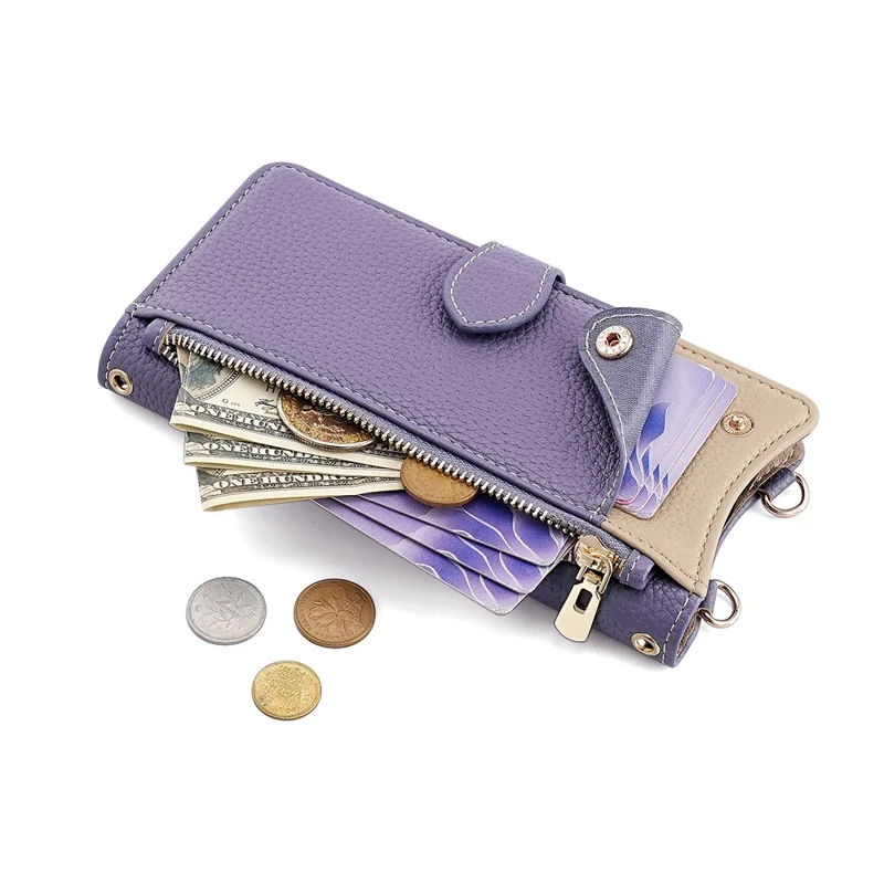 For iPhone 17e / 16e Wallet Case Fishtail Design Leather Phone Cover with Mirror / Stand / Strap - Purple