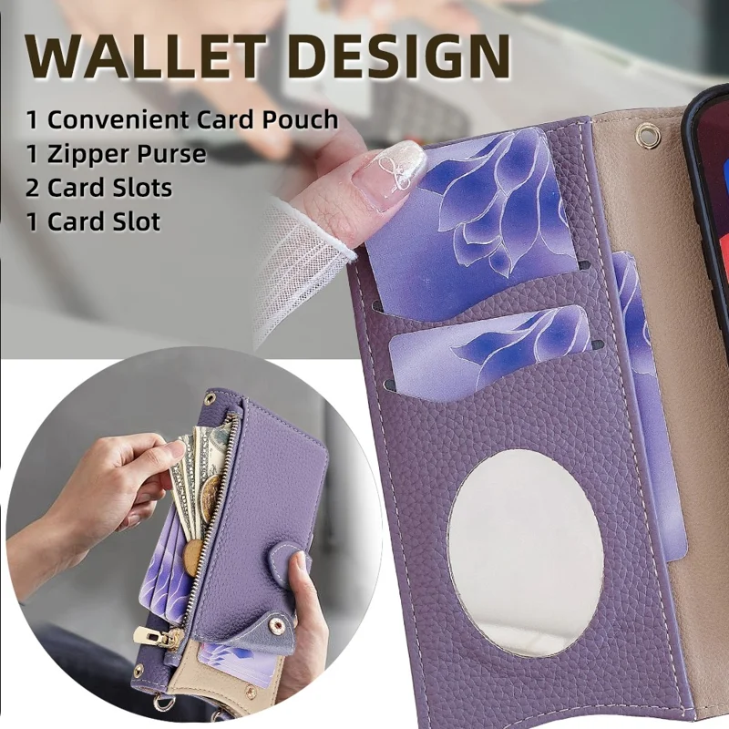 For iPhone 17e / 16e Wallet Case Fishtail Design Leather Phone Cover with Mirror / Stand / Strap - Purple