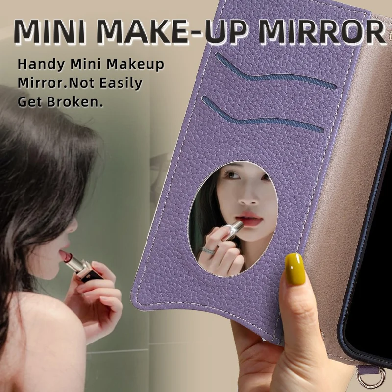 For iPhone 17e / 16e Wallet Case Fishtail Design Leather Phone Cover with Mirror / Stand / Strap - Purple