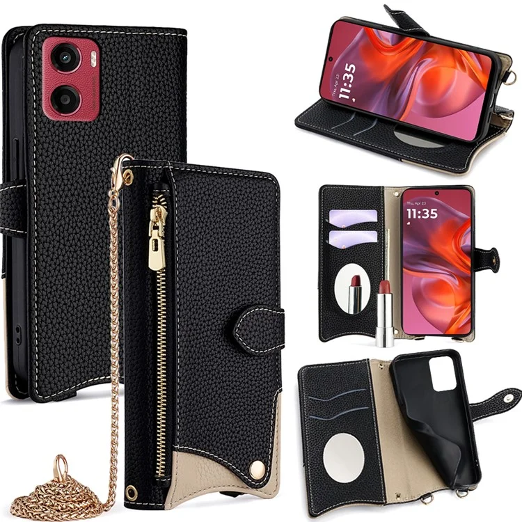 For Motorola Moto G05 4G Wallet Case Fishtail Design Leather Phone Cover with Mirror / Stand / Strap - Black