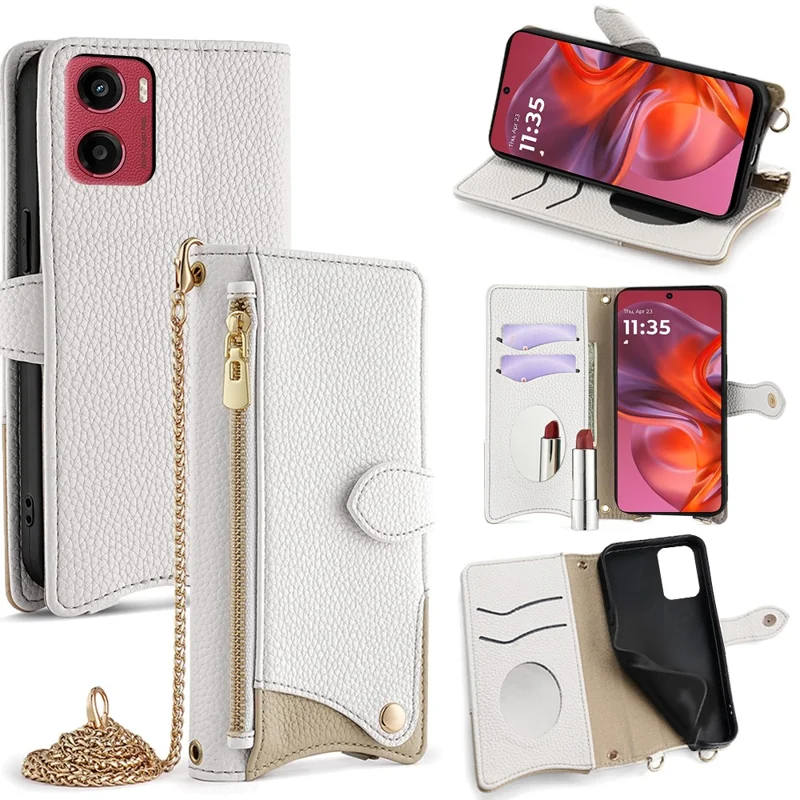 For Motorola Moto G05 4G Wallet Case Fishtail Design Leather Phone Cover with Mirror / Stand / Strap - White