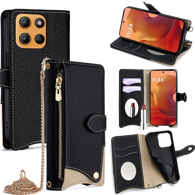 For Motorola Moto G15 4G / G15 Power 4G Wallet Case Fishtail Design Leather Phone Cover with Mirror / Stand / Strap - Black