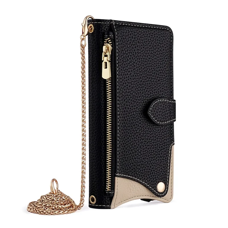 For Realme 14 Pro 5G Wallet Case Fishtail Design Leather Phone Cover with Mirror / Stand / Strap - Black