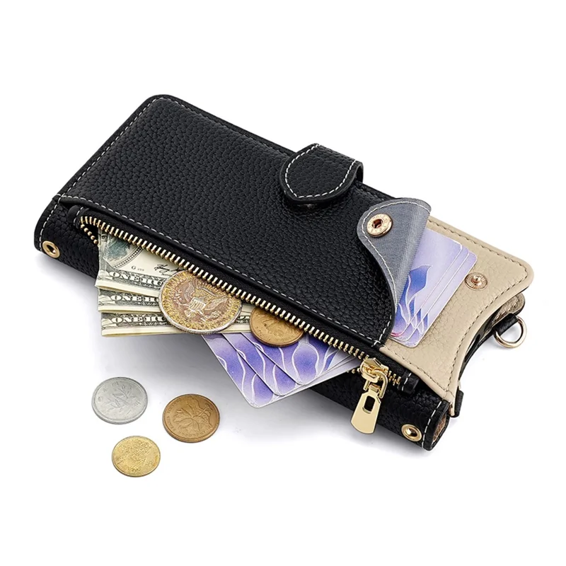 For Realme 14 Pro 5G Wallet Case Fishtail Design Leather Phone Cover with Mirror / Stand / Strap - Black