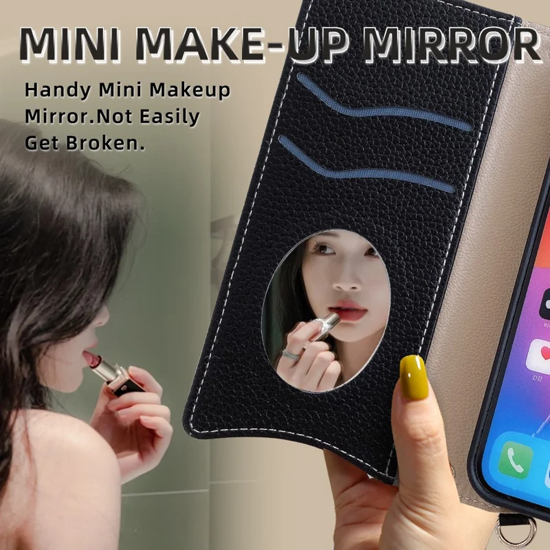 For Realme 14 Pro 5G Wallet Case Fishtail Design Leather Phone Cover with Mirror / Stand / Strap - Black