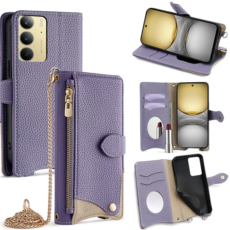 For Realme C75 4G / 14x 5G Wallet Case Fishtail Design Leather Phone Cover with Mirror / Stand / Strap - Purple