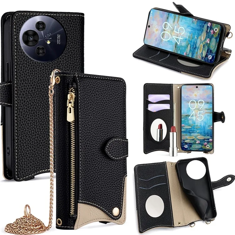 Funda tipo cartera para TCL 50 NxtPaper 5G / 50 Pro NxtPaper 5G con diseño de cola de pez, cubierta de cuero para teléfono con espejo / soporte / correa - Negro