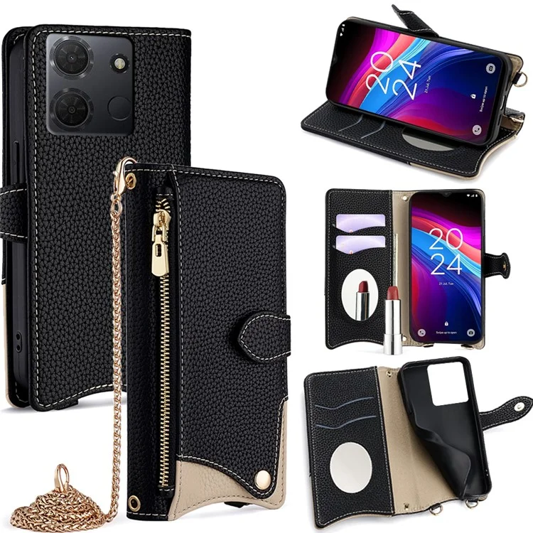 Für TCL 503 Geldbörsen-Handyhülle mit Fischschwanz-Design, Leder-Handycover mit Spiegel / Ständer / Trageriemen - Schwarz
