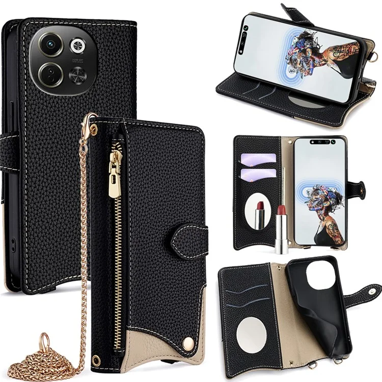 Wallet Case for TECNO Pova 6 Neo 5G  /  Spark 30 5G Fishtail Design Leather Phone Cover with Mirror  /  Stand  /  Strap - Black
