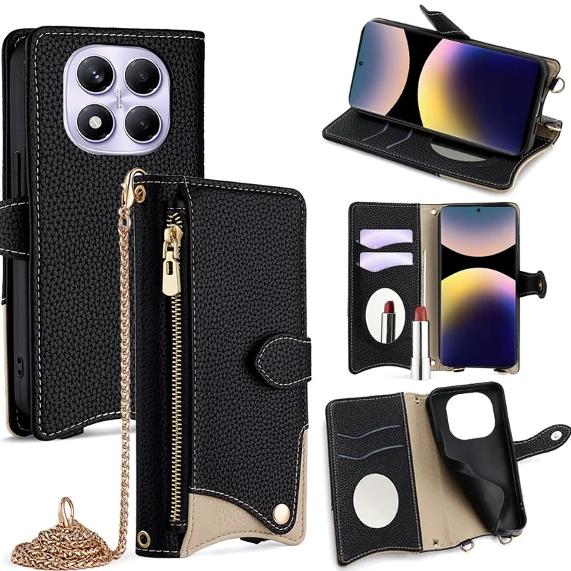 For Xiaomi Redmi Note 14 Pro 4G Wallet Case Fishtail Design Leather Phone Cover with Mirror / Stand / Strap - Black