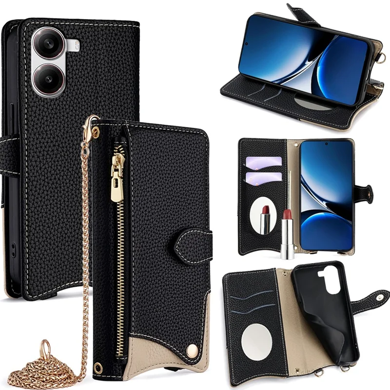 Wallet Case for Xiaomi Redmi Turbo 4 5G / Poco X7 Pro 5G Fishtail Design Leather Phone Cover with Mirror / Stand / Strap - Black