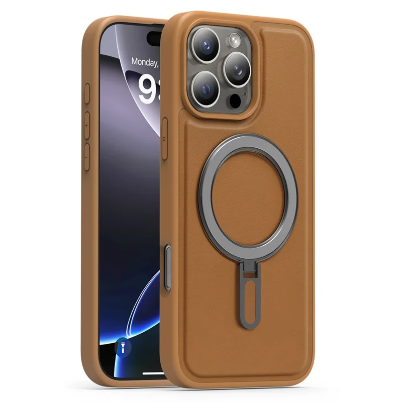 For iPhone 16 Pro Case Compatible with MagSafe TPU + PU Kickstand Phone Back Cover - Brown