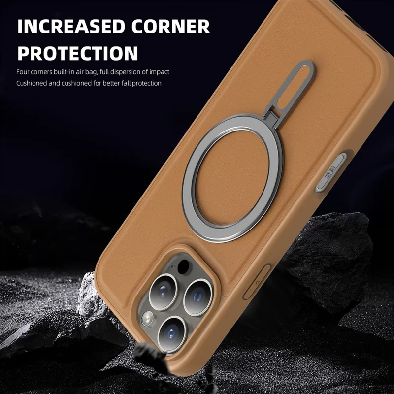 For iPhone 16 Pro Case Compatible with MagSafe TPU + PU Kickstand Phone Back Cover - Brown