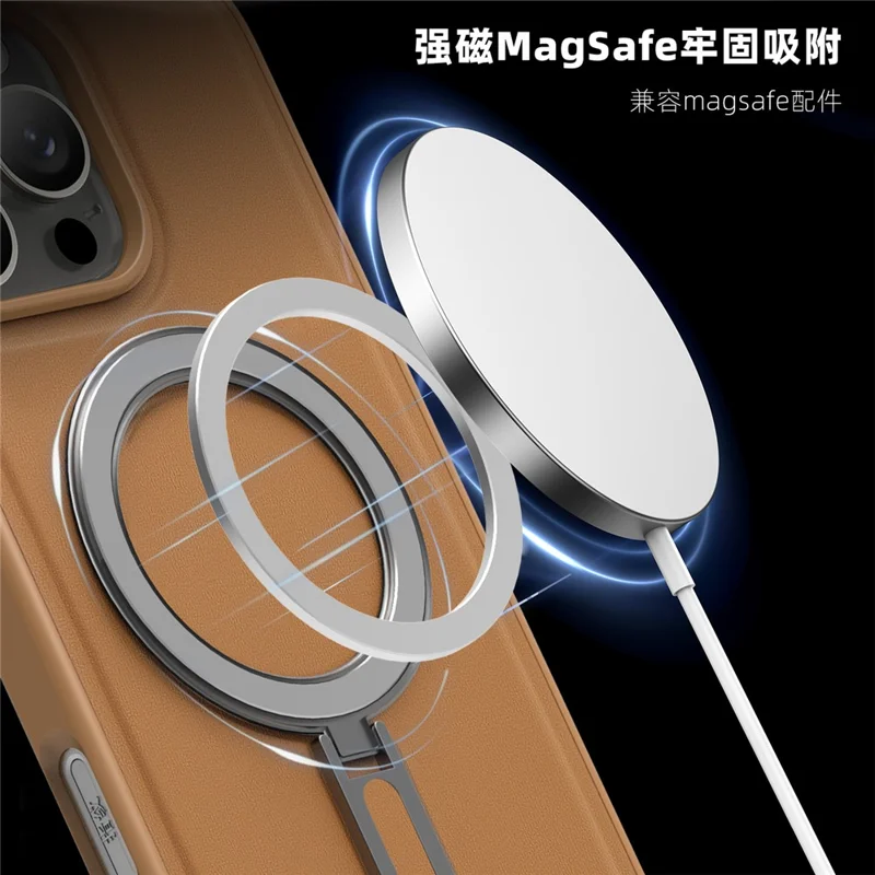 For iPhone 16 Pro Case Compatible with MagSafe TPU + PU Kickstand Phone Back Cover - Brown