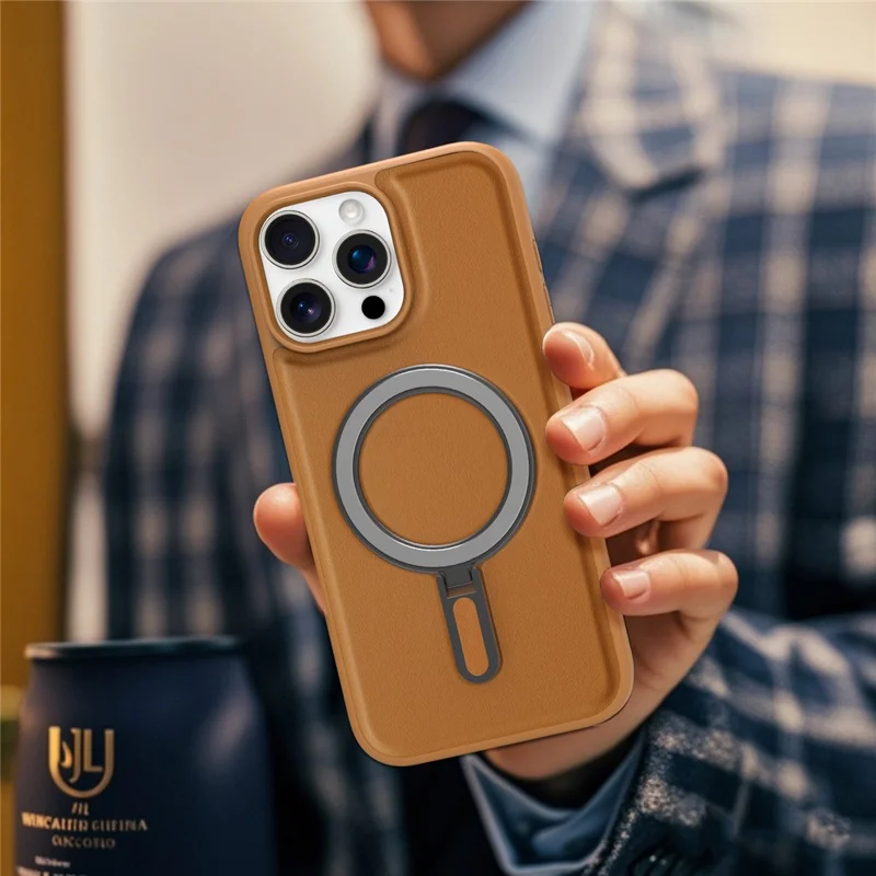 For iPhone 16 Pro Case Compatible with MagSafe TPU + PU Kickstand Phone Back Cover - Brown