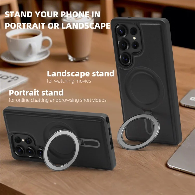 Für Samsung Galaxy S24 Ultra Hülle kompatibel mit MagSafe TPU + PU Ständer Handyhülle - Schwarz