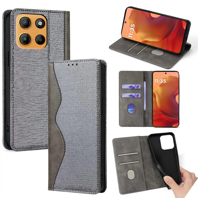 For Motorola Moto G15 4G / G15 Power 4G Wallet Case Wave Shape RFID Blocking PU Leather Stand Phone Cover - Grey
