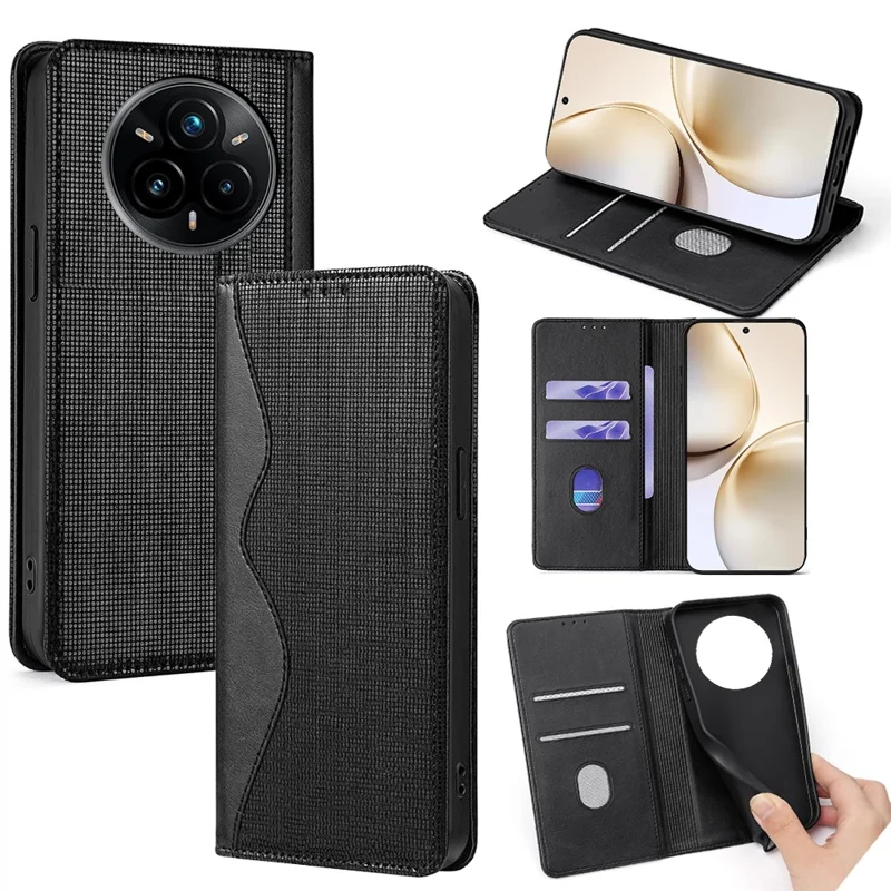 For Realme 14 Pro 5G Wallet Case Wave Shape RFID Blocking PU Leather Stand Phone Cover - Black